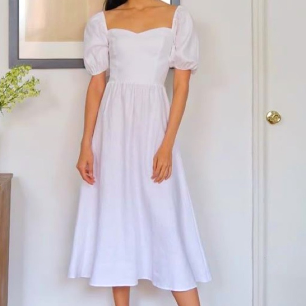 Reformation Rhode 100% Linen White Puff-Sleeve Midi Dress sz12